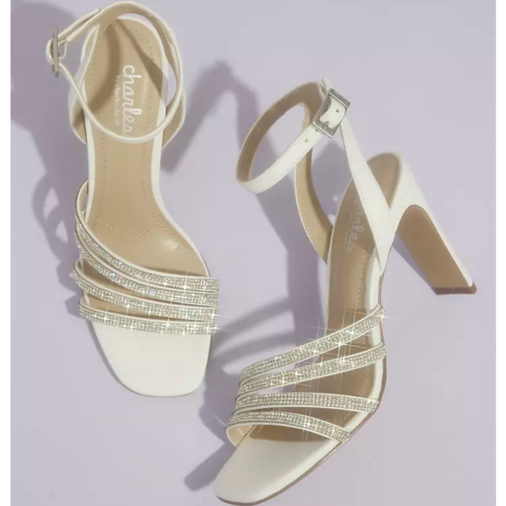 Charles David Ivory Crystal-Strap Ankle-Heel Sandals